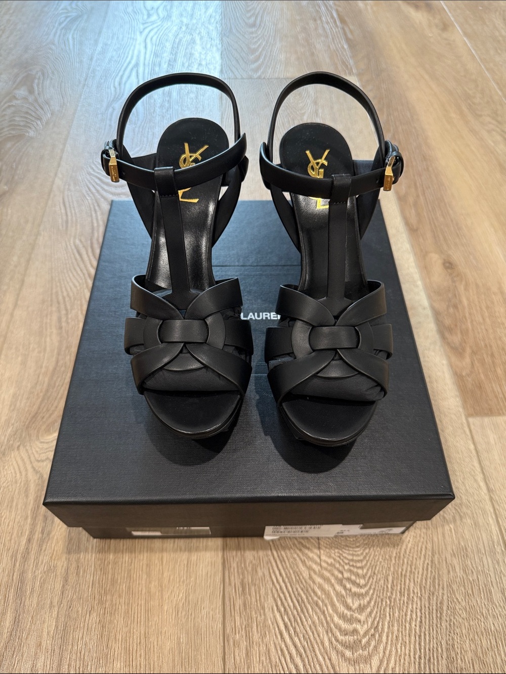 Saint Laurent Black Leather Knotted T-Strap Heels with Gold Buckle